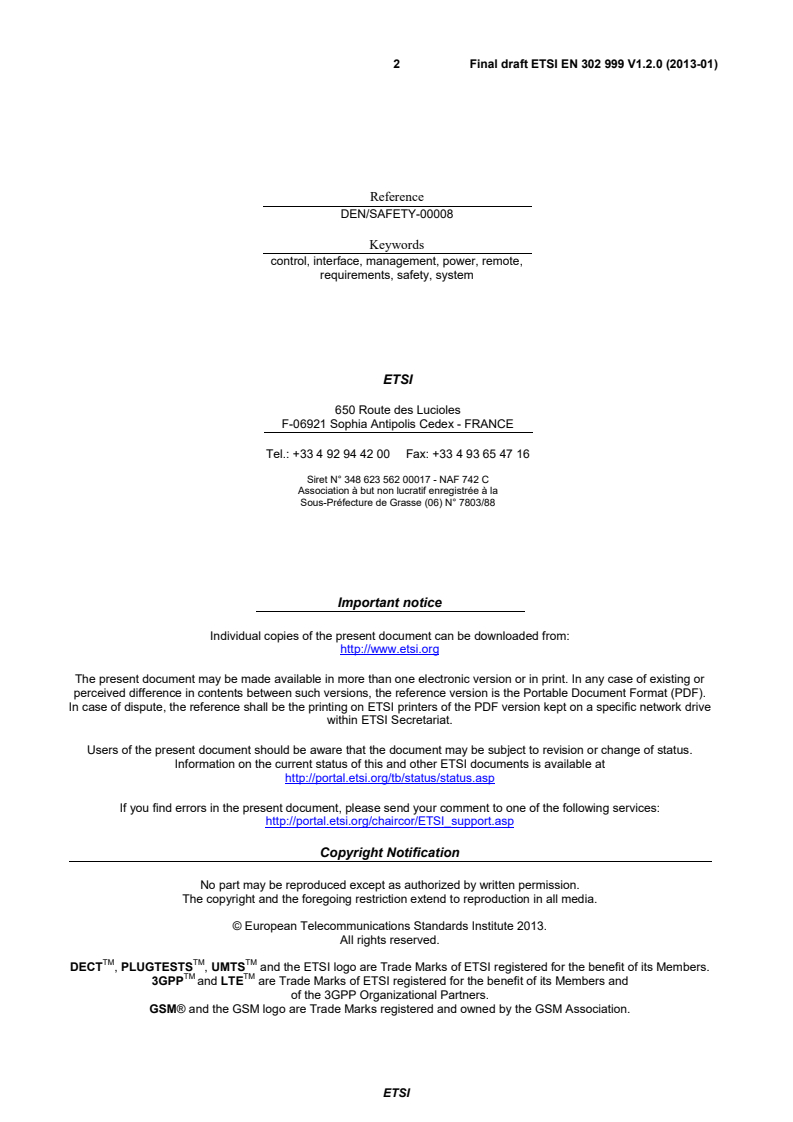 ETSI EN 302 999 V1.2.0 (2013-01) - Safety; Remote Power Feeding Installations; Safety requirements for the erection and operation of information technology installations with remote power feeding