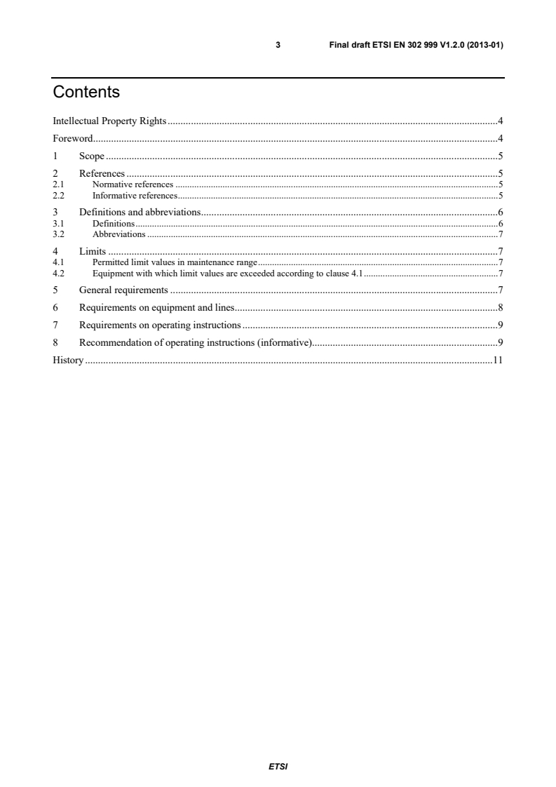 SIST EN 302 999 V1.2.1:2013 ETSI EN 302 999 V1.2.0 (2013-01) - Safety; Remote Power Feeding Installations; Safety requirements for the erection and operation of information technology installations with remote power feeding - Page 3 preview