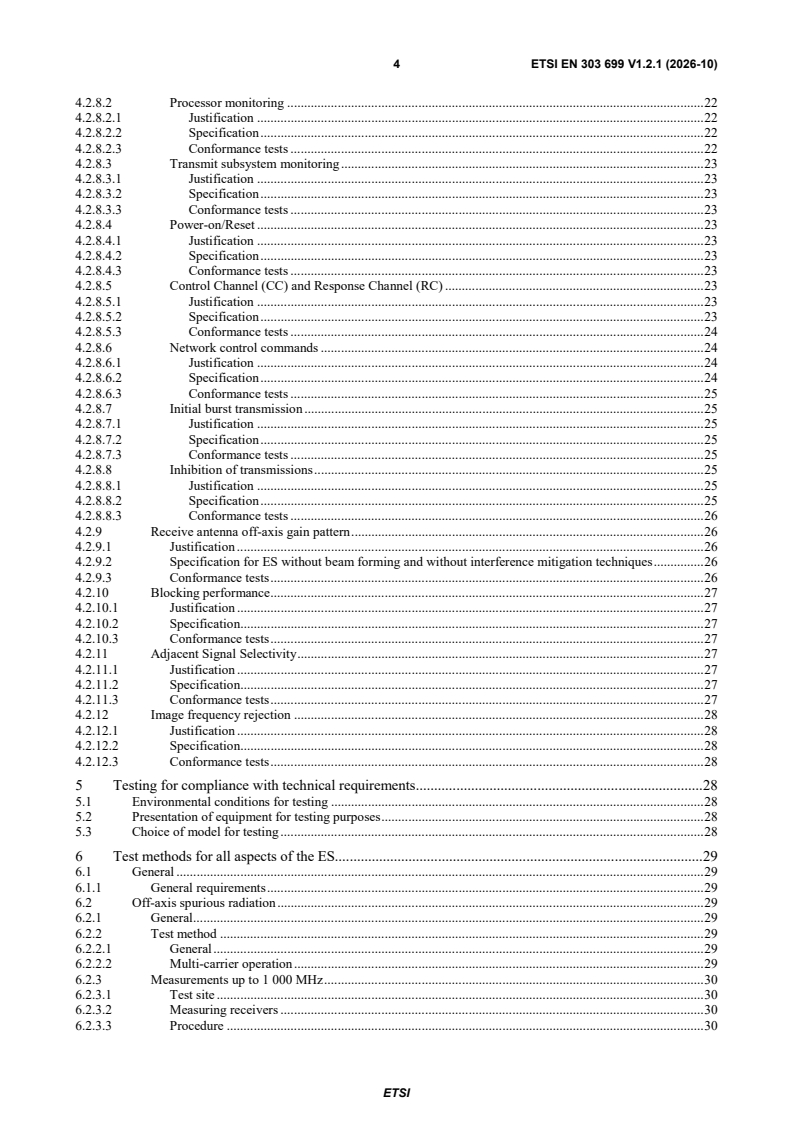 SIST EN 303 699 V1.2.1:2026 ETSI EN 303 699 V1.2.1 (2026-10) - Satellite Earth Stations and Systems (SES); Fixed earth stations communicating with non-geostationary satellite systems in the 20 GHz and 30 GHz FSS bands; Harmonised Standard for access to radio spectrum - Page 4 preview