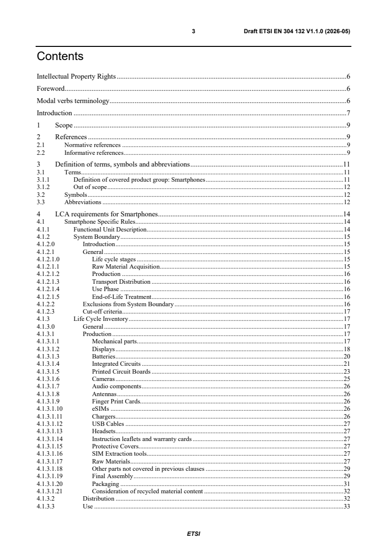 SIST EN 304 132 V1.1.1:2026 ETSI EN 304 132 V1.1.0 (2026-05) - Environmental Engineering (EE); Mobile ICT devices (M-ICT); Product Specific Requirements for Life Cycle Assessment (LCA) of Smartphones - Page 3 preview