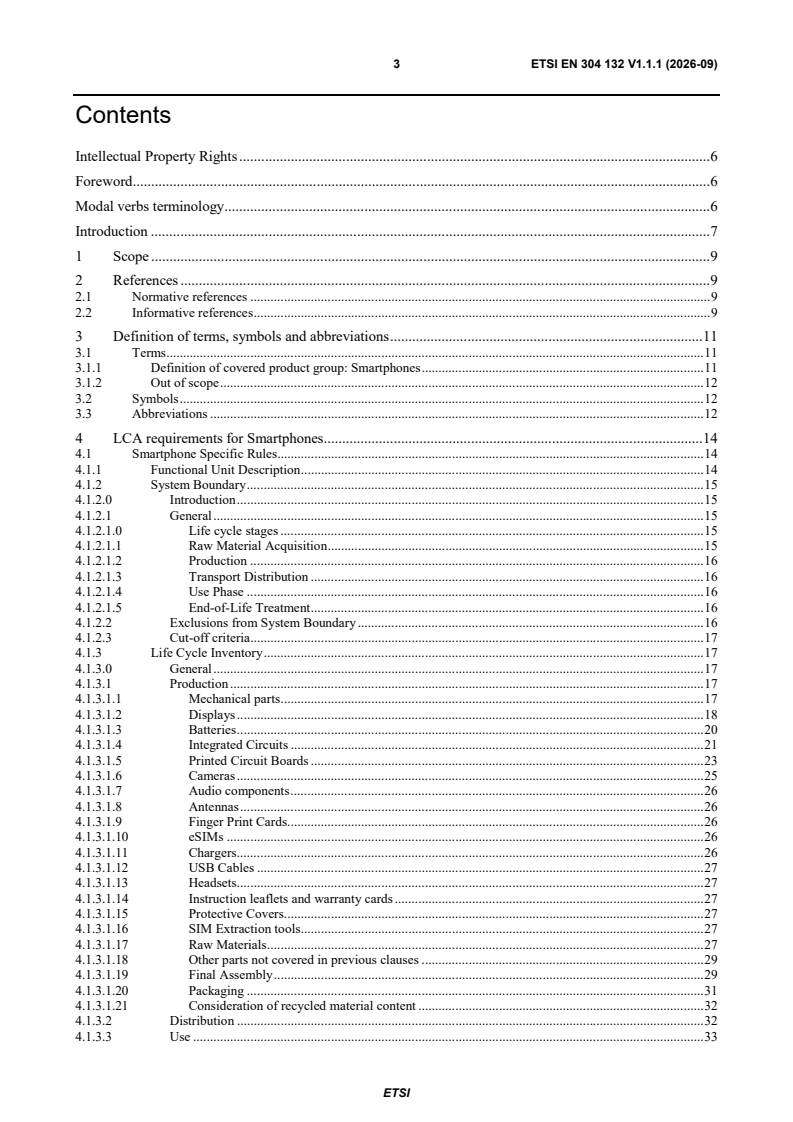 SIST EN 304 132 V1.1.1:2026 ETSI EN 304 132 V1.1.1 (2026-09) - Environmental Engineering (EE); Mobile ICT devices (M-ICT); Product Specific Requirements for Life Cycle Assessment (LCA) of Smartphones - Page 3 preview