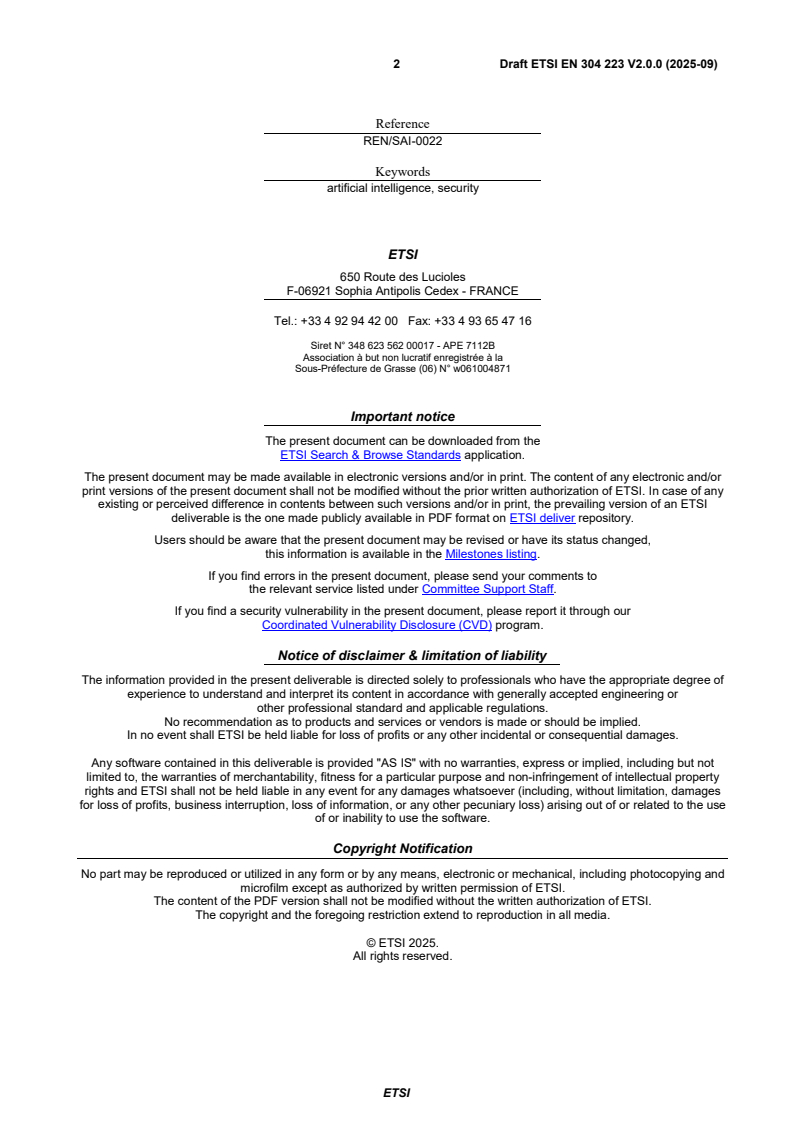 ETSI EN 304 223 V2.0.0 (2025-09) - Securing Artificial Intelligence (SAI); Baseline Cyber Security Requirements for AI Models and Systems