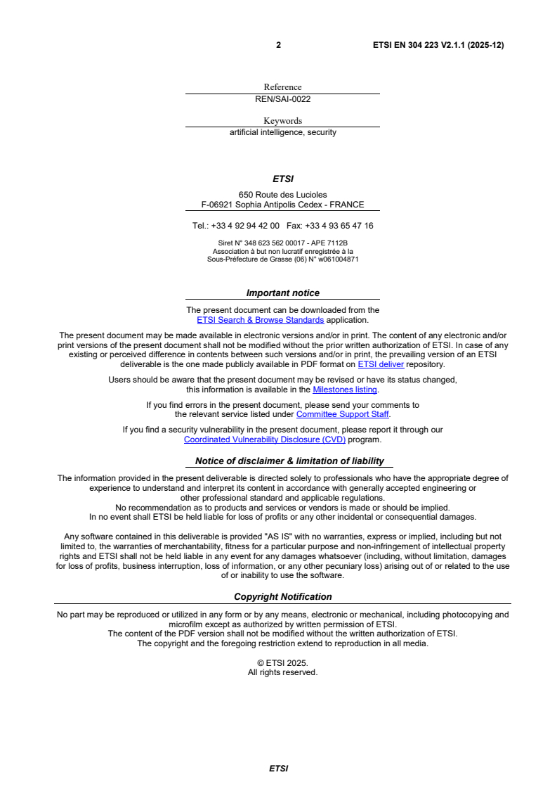 ETSI EN 304 223 V2.1.1 (2025-12) - Securing Artificial Intelligence (SAI); Baseline Cyber Security Requirements for AI Models and Systems