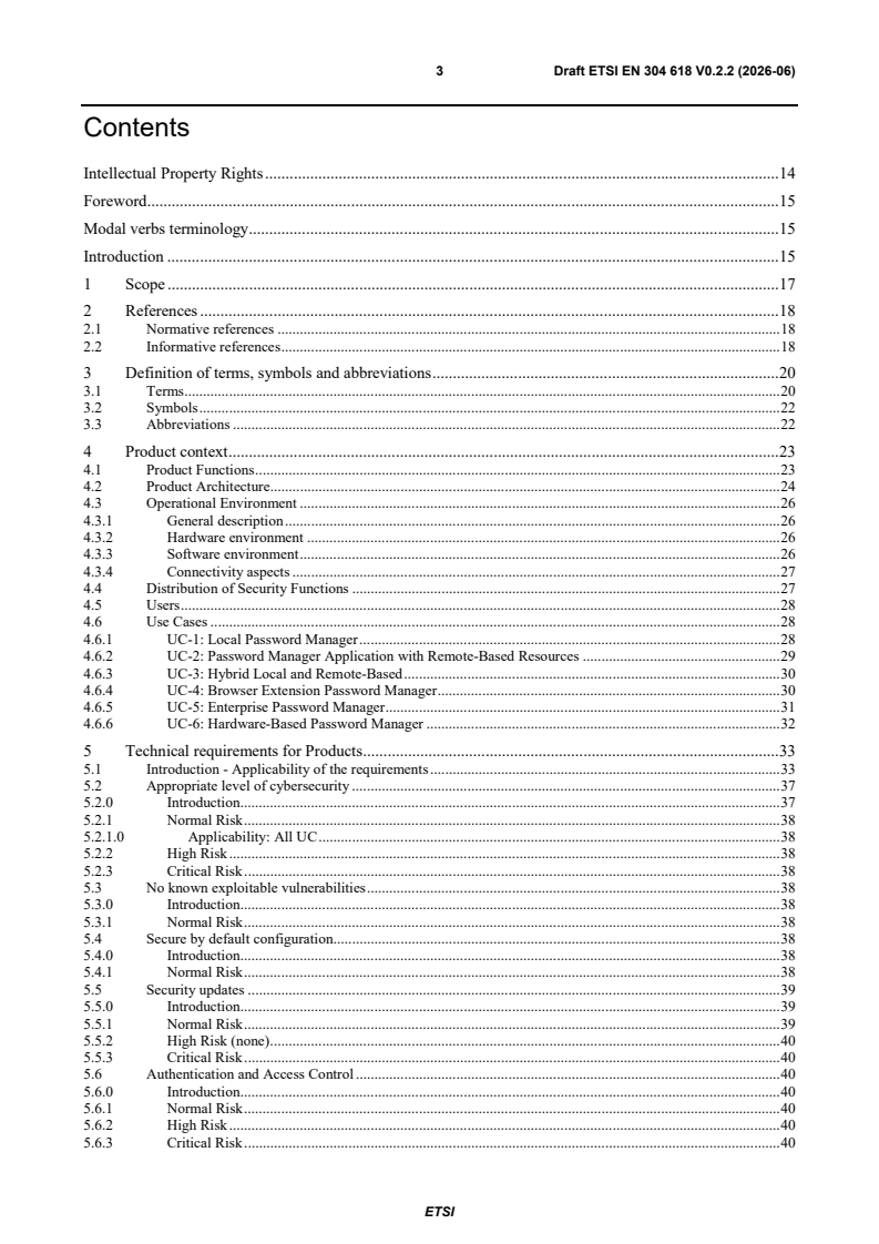 ETSI EN 304 618 V0.2.2 (2026-06) ETSI EN 304 618 V0.2.2 (2026-06) - Cyber Security (CYBER); CRA; Cybersecurity requirements for password managers - Page 3 preview