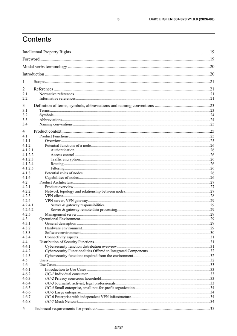 ETSI EN 304 620 V1.0.0 (2026-08) ETSI EN 304 620 V1.0.0 (2026-08) - Cyber Security (CYBER); CRA; Cybersecurity requirements for Virtual Private Networks (VPNs) - Page 3 preview