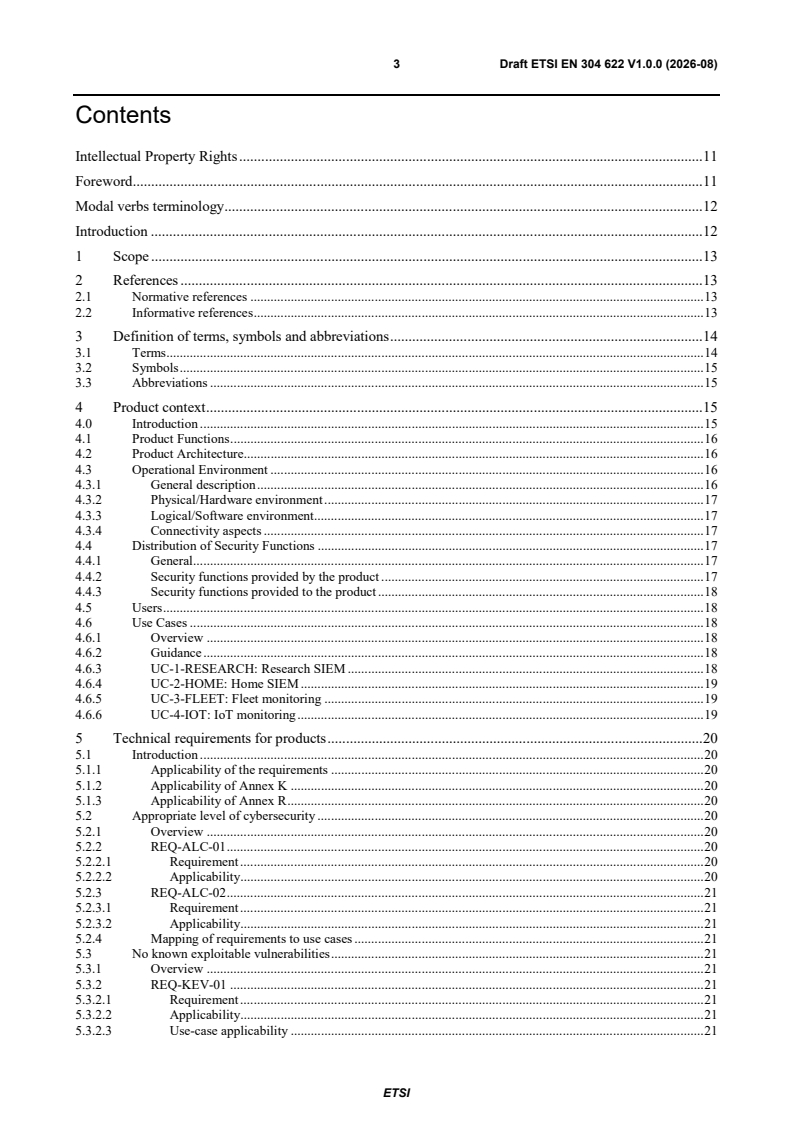 ETSI EN 304 622 V1.0.0 (2026-08) ETSI EN 304 622 V1.0.0 (2026-08) - Cyber Security (CYBER); CRA; Cybersecurity requirements for Security information and event management (SIEM) systems - Page 3 preview