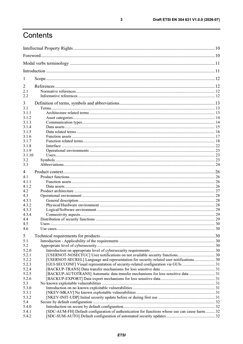 ETSI EN 304 631 V1.0.0 (2026-07) ETSI EN 304 631 V1.0.0 (2026-07) - Cyber Security (CYBER); CRA; Cybersecurity requirements for smart home general purpose virtual assistants - Page 3 preview