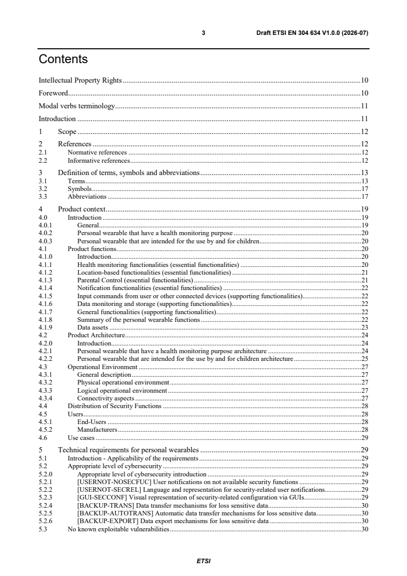 ETSI EN 304 634 V1.0.0 (2026-07) ETSI EN 304 634 V1.0.0 (2026-07) - Cyber Security (CYBER); CRA; Cybersecurity requirements for personal wearable - Page 3 preview