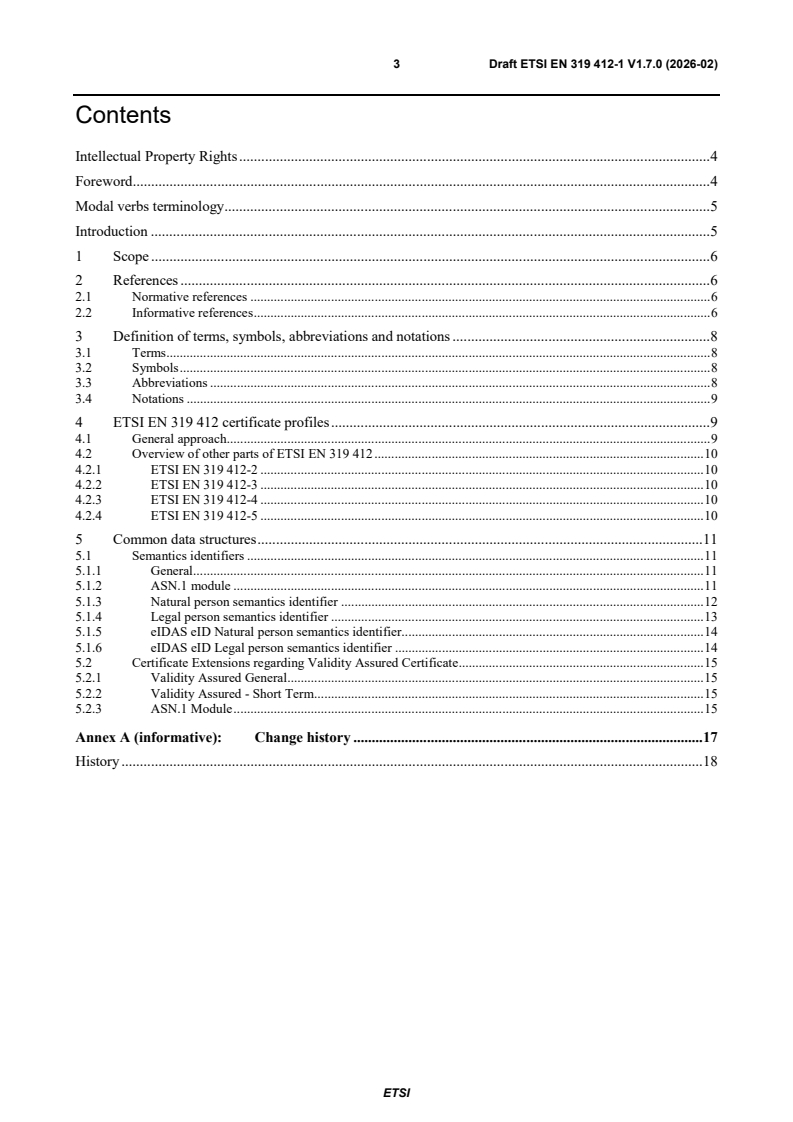 SIST EN 319 412-1 V1.7.1:2026 ETSI EN 319 412-1 V1.7.0 (2026-02) - Electronic Signatures and Trust Infrastructures (ESI); Certificate Profiles; Part 1: Overview and common data structures - Page 3 preview