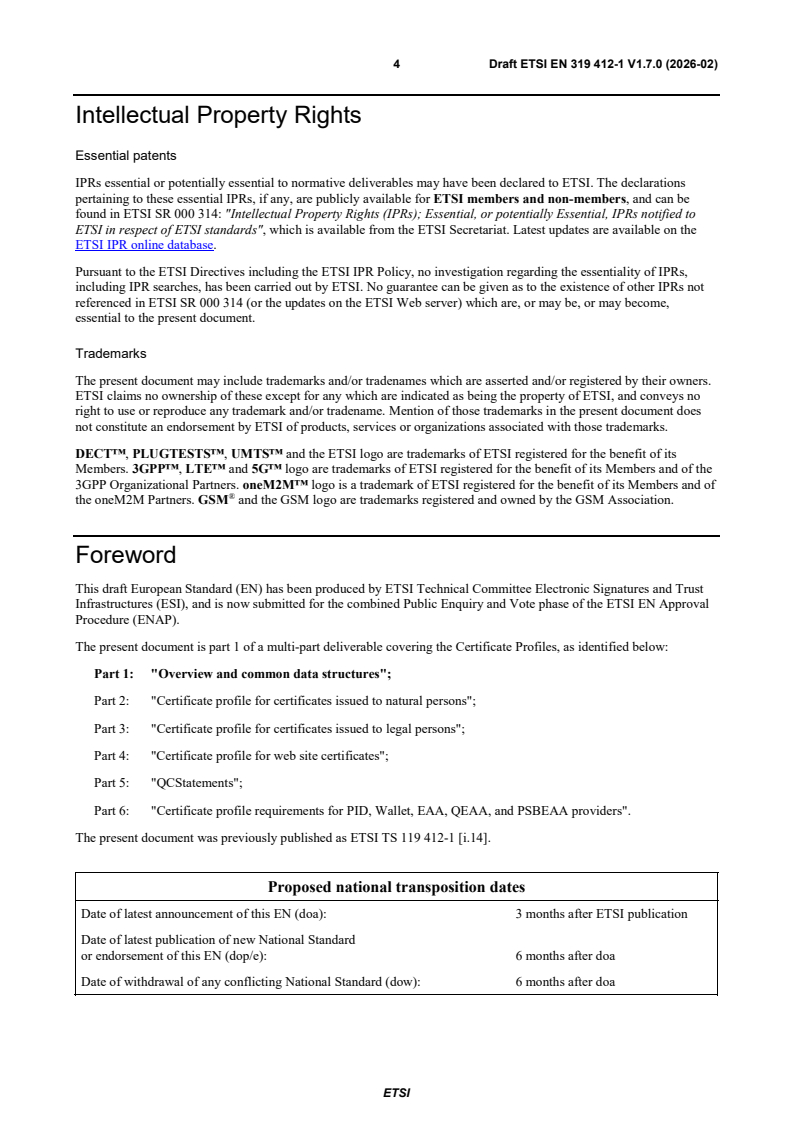 SIST EN 319 412-1 V1.7.1:2026 ETSI EN 319 412-1 V1.7.0 (2026-02) - Electronic Signatures and Trust Infrastructures (ESI); Certificate Profiles; Part 1: Overview and common data structures - Page 4 preview
