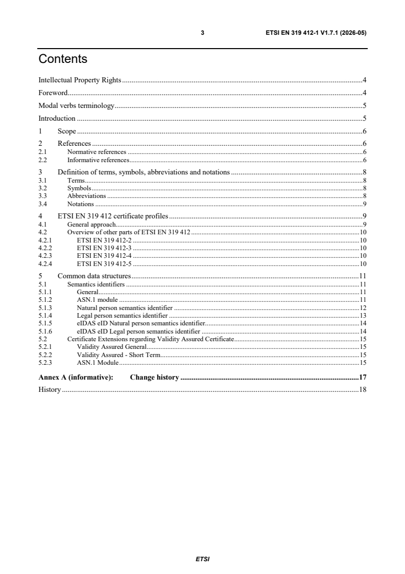 SIST EN 319 412-1 V1.7.1:2026 ETSI EN 319 412-1 V1.7.1 (2026-05) - Electronic Signatures and Trust Infrastructures (ESI); Certificate Profiles; Part 1: Overview and common data structures - Page 3 preview
