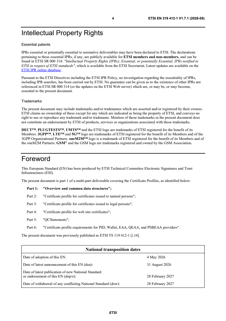 SIST EN 319 412-1 V1.7.1:2026 ETSI EN 319 412-1 V1.7.1 (2026-05) - Electronic Signatures and Trust Infrastructures (ESI); Certificate Profiles; Part 1: Overview and common data structures - Page 4 preview