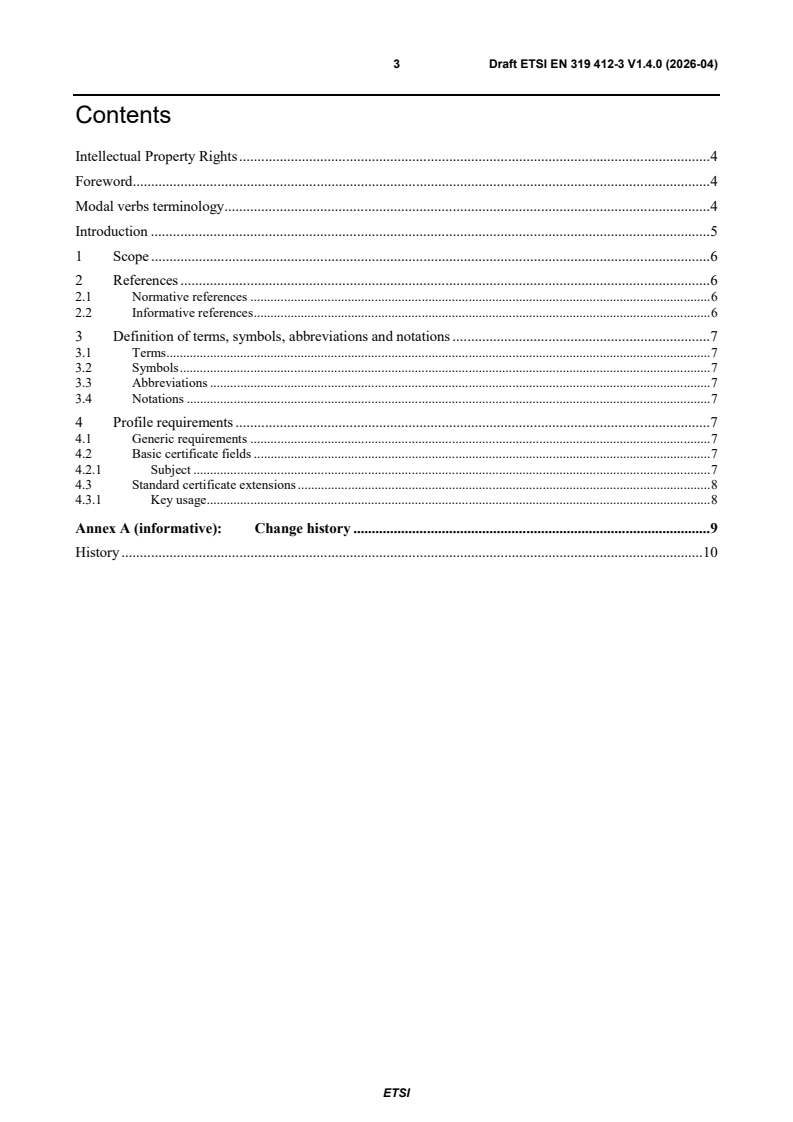 SIST EN 319 412-3 V1.4.1:2026 ETSI EN 319 412-3 V1.4.0 (2026-04) - Electronic Signatures and Trust Infrastructures (ESI); Certificate Profiles; Part 3: Certificate profile for certificates issued to legal persons - Page 3 preview
