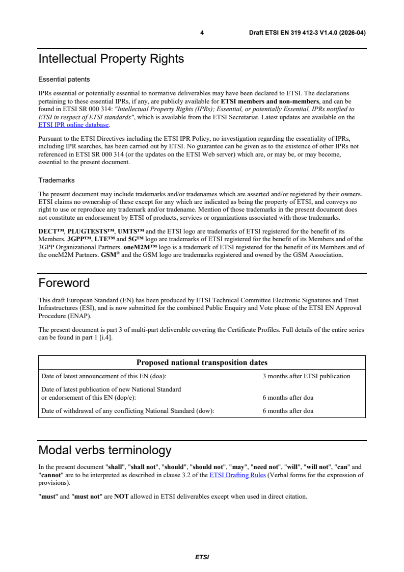SIST EN 319 412-3 V1.4.1:2026 ETSI EN 319 412-3 V1.4.0 (2026-04) - Electronic Signatures and Trust Infrastructures (ESI); Certificate Profiles; Part 3: Certificate profile for certificates issued to legal persons - Page 4 preview