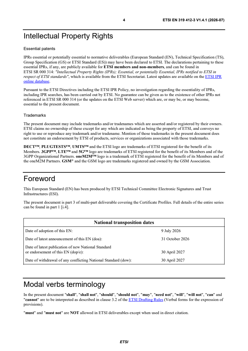 SIST EN 319 412-3 V1.4.1:2026 ETSI EN 319 412-3 V1.4.1 (2026-07) - Electronic Signatures and Trust Infrastructures (ESI); Certificate Profiles; Part 3: Certificate profile for certificates issued to legal persons - Page 4 preview