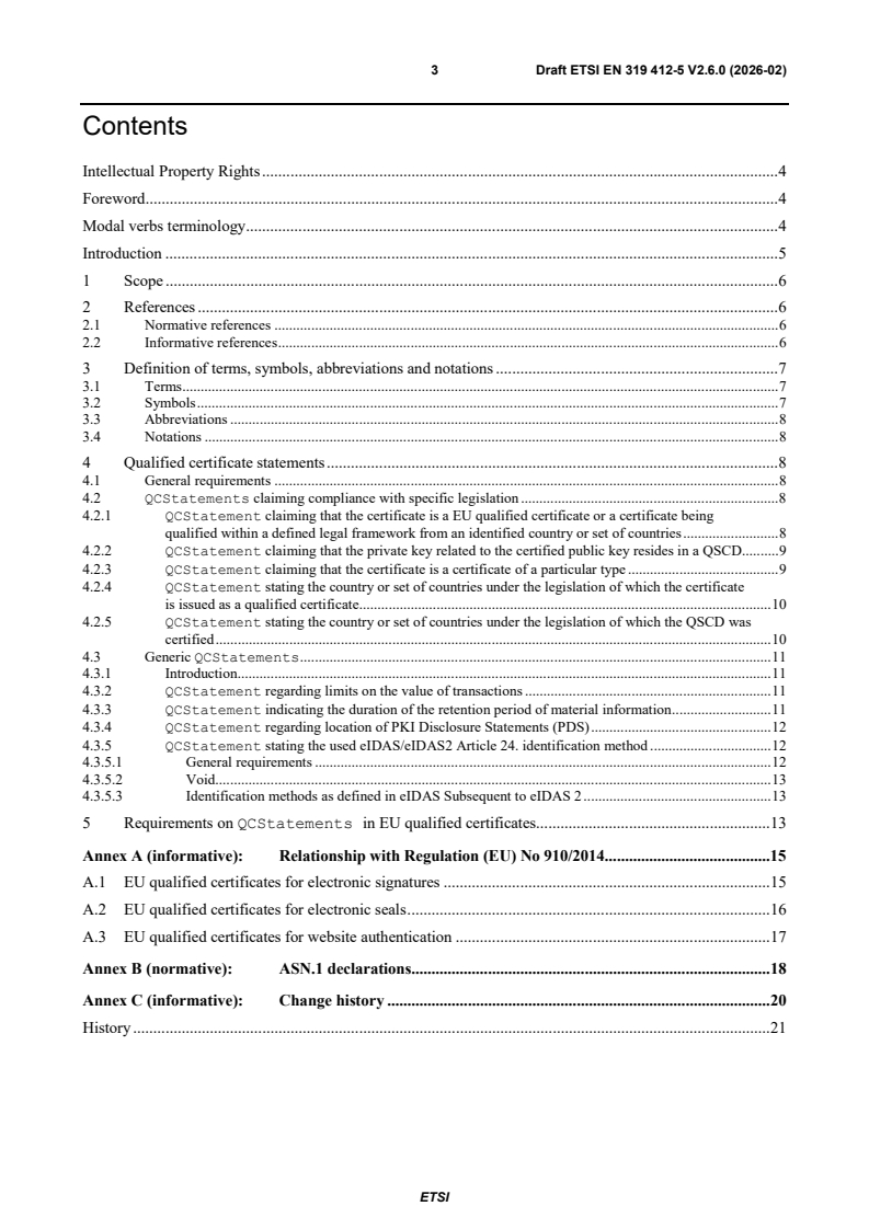 SIST EN 319 412-5 V2.6.1:2026 ETSI EN 319 412-5 V2.6.0 (2026-02) - Electronic Signatures and Trust Infrastructures (ESI); Certificate Profiles; Part 5: QCStatements - Page 3 preview