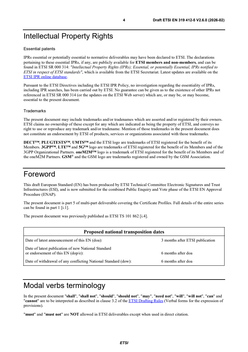 SIST EN 319 412-5 V2.6.1:2026 ETSI EN 319 412-5 V2.6.0 (2026-02) - Electronic Signatures and Trust Infrastructures (ESI); Certificate Profiles; Part 5: QCStatements - Page 4 preview