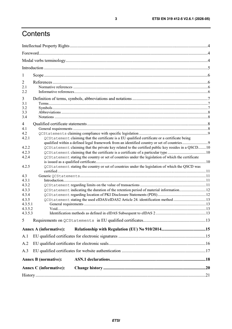 SIST EN 319 412-5 V2.6.1:2026 ETSI EN 319 412-5 V2.6.1 (2026-05) - Electronic Signatures and Trust Infrastructures (ESI); Certificate Profiles; Part 5: QCStatements - Page 3 preview
