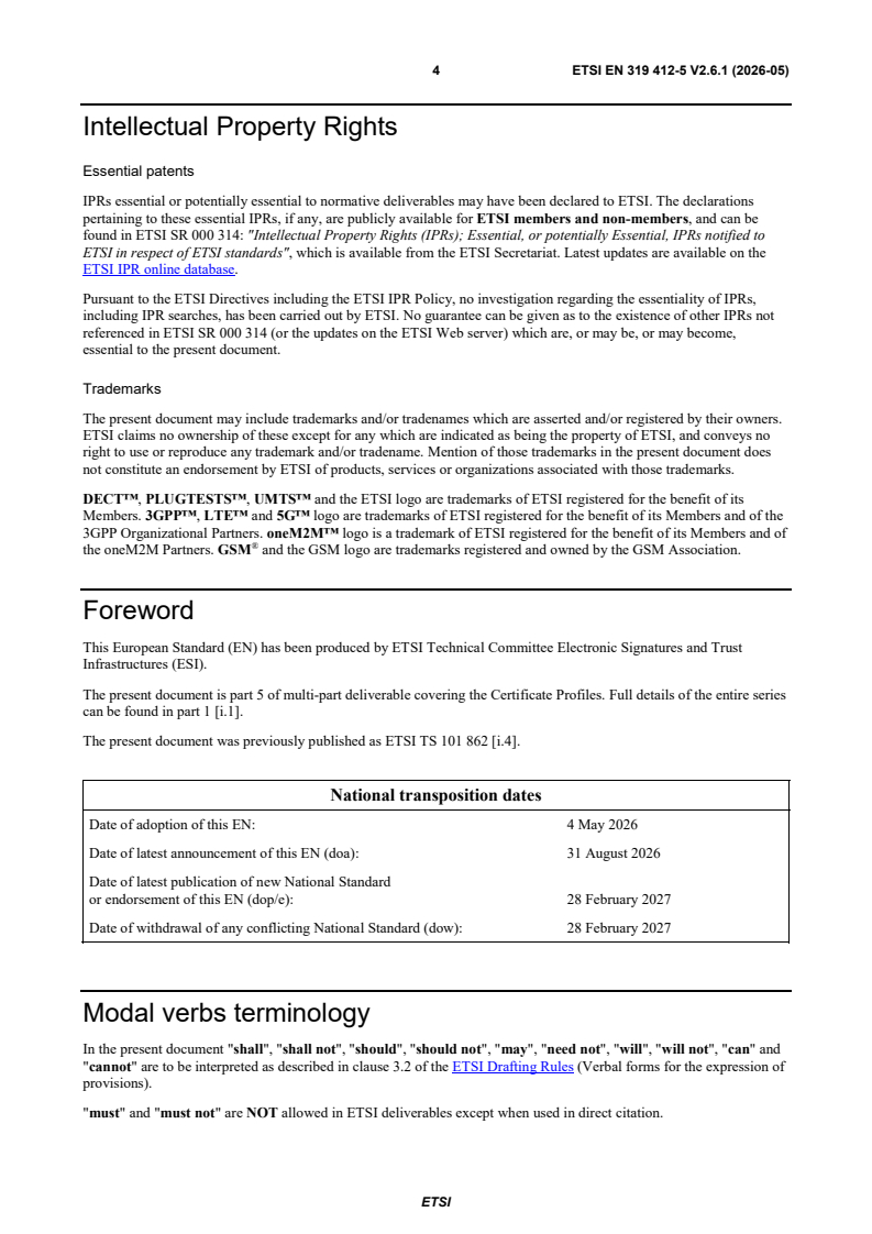 SIST EN 319 412-5 V2.6.1:2026 ETSI EN 319 412-5 V2.6.1 (2026-05) - Electronic Signatures and Trust Infrastructures (ESI); Certificate Profiles; Part 5: QCStatements - Page 4 preview