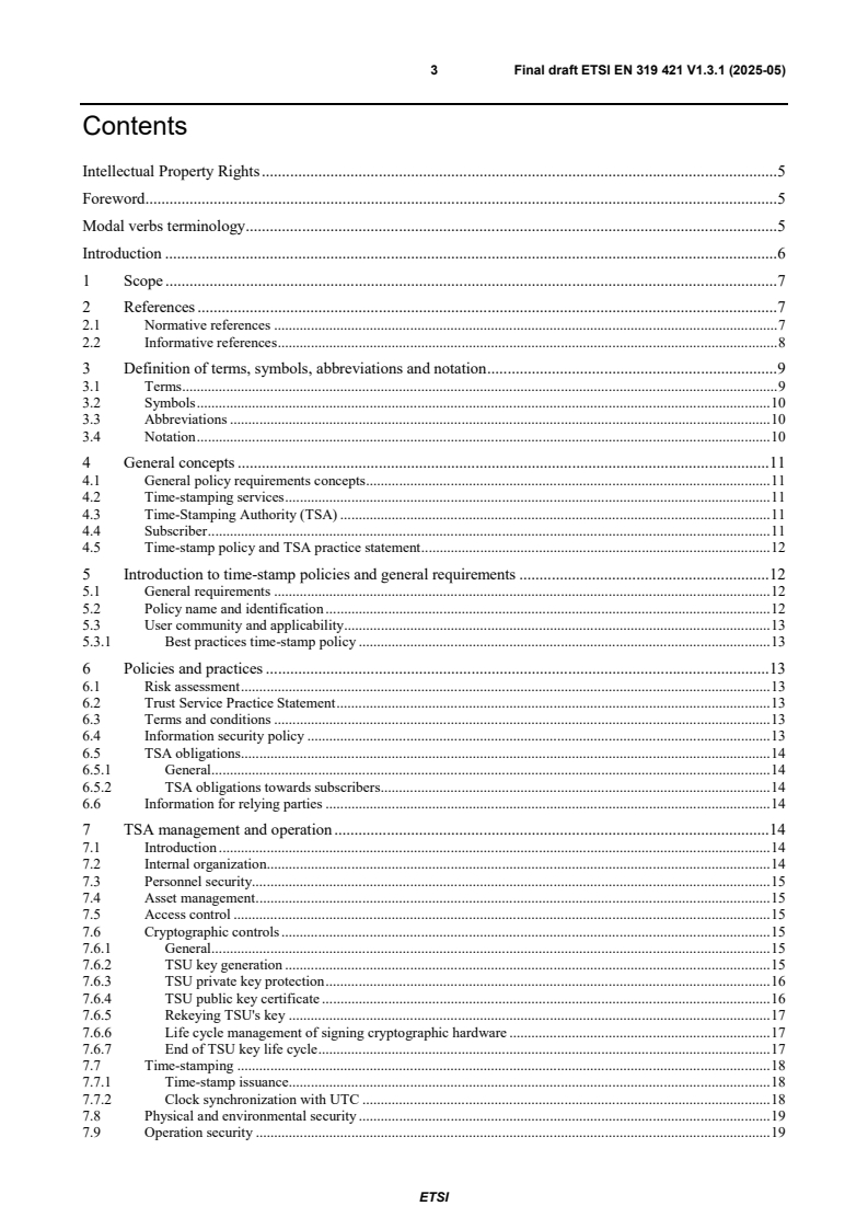 SIST EN 319 421 V1.3.1:2025 ETSI EN 319 421 V1.3.1 (2025-05) - Electronic Signatures and Trust Infrastructures (ESI); Policy and Security Requirements for Trust Service Providers issuing Time-Stamps - Page 3 preview