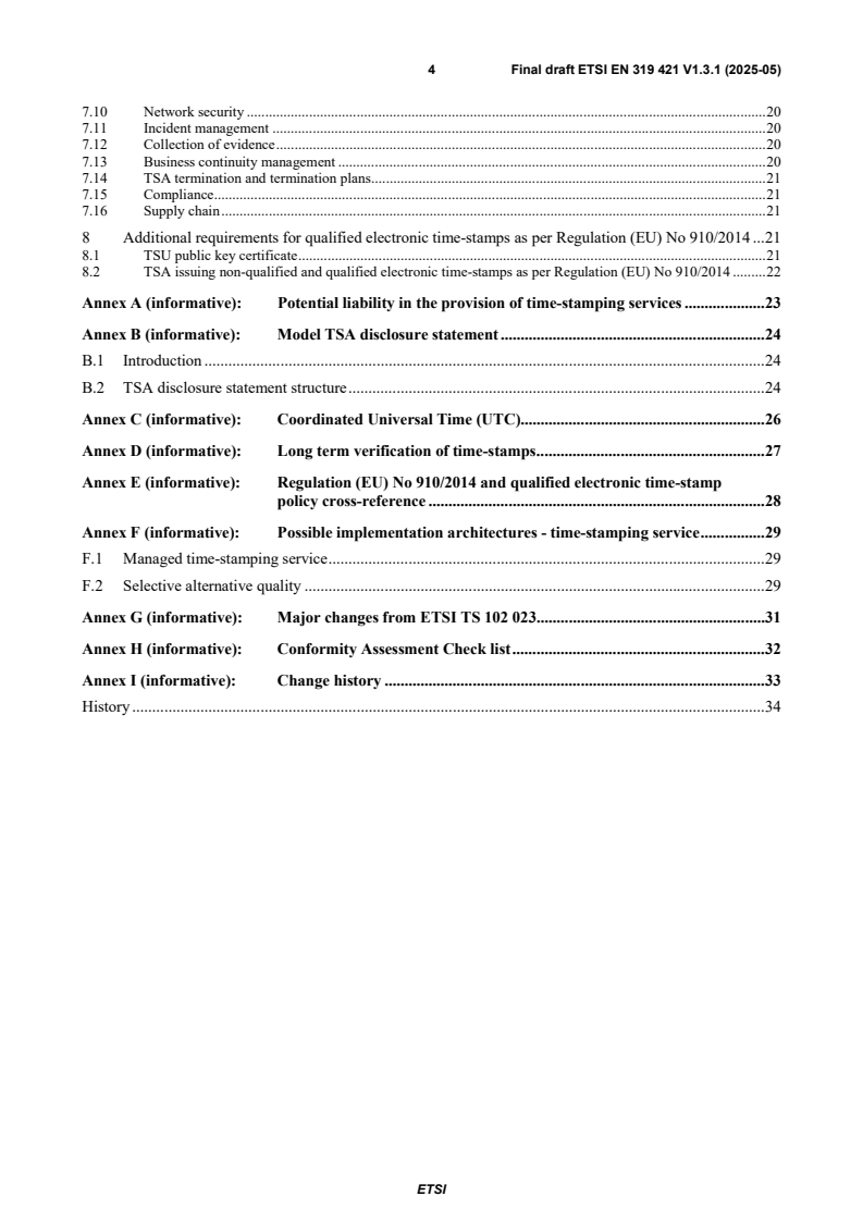 SIST EN 319 421 V1.3.1:2025 ETSI EN 319 421 V1.3.1 (2025-05) - Electronic Signatures and Trust Infrastructures (ESI); Policy and Security Requirements for Trust Service Providers issuing Time-Stamps - Page 4 preview