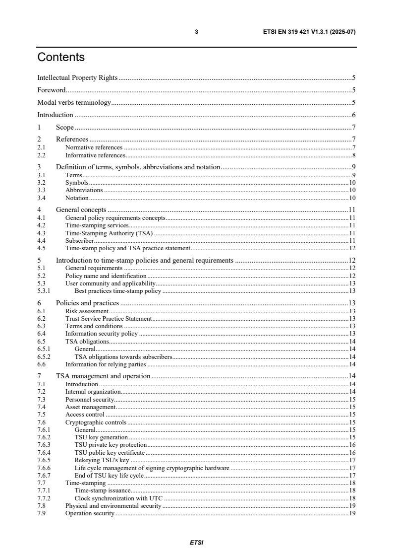 SIST EN 319 421 V1.3.1:2025 ETSI EN 319 421 V1.3.1 (2025-07) - Electronic Signatures and Trust Infrastructures (ESI); Policy and Security Requirements for Trust Service Providers issuing Time-Stamps - Page 3 preview
