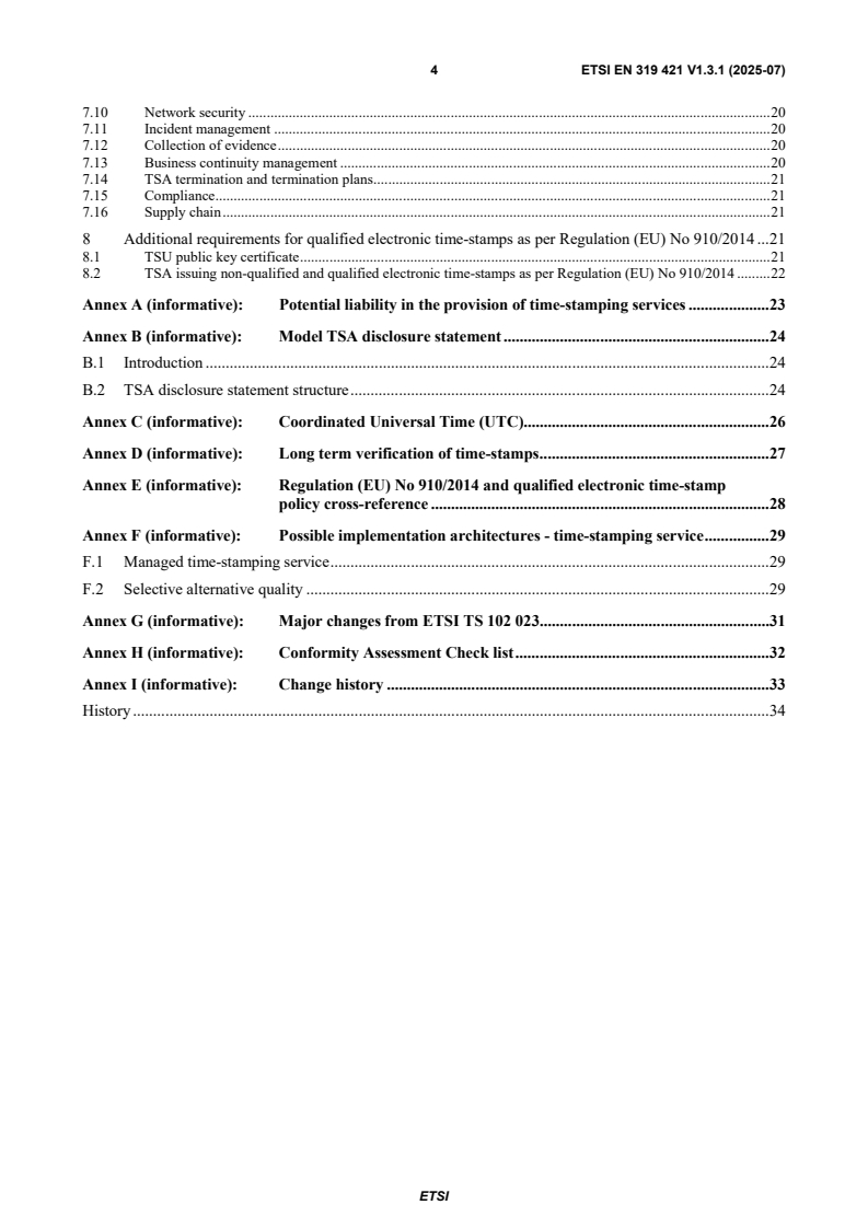 SIST EN 319 421 V1.3.1:2025 ETSI EN 319 421 V1.3.1 (2025-07) - Electronic Signatures and Trust Infrastructures (ESI); Policy and Security Requirements for Trust Service Providers issuing Time-Stamps - Page 4 preview