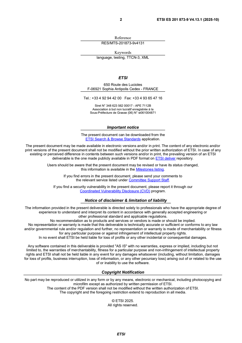 ETSI ES 201 873-9 V4.13.1 (2025-10) - Methods for Testing and Specification (MTS); The Testing and Test Control Notation version 3; Part 9: Using XML schema with TTCN-3