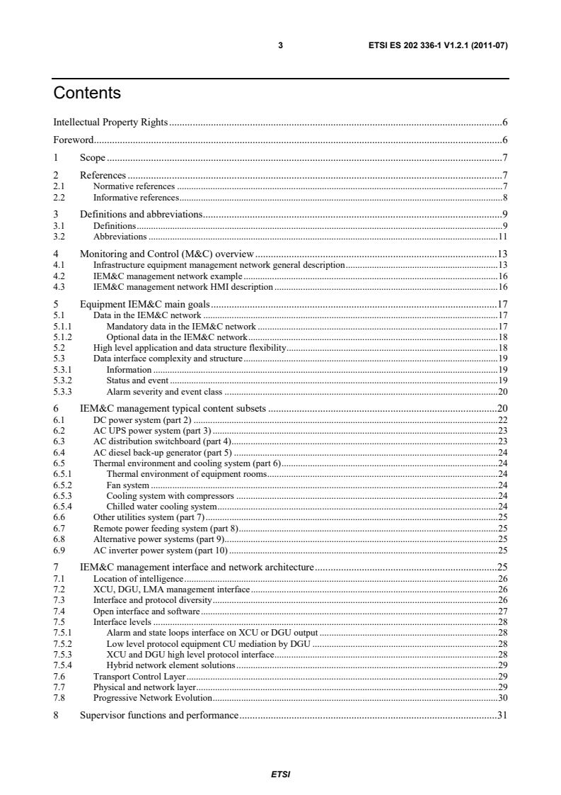 kSIST prES 202 336-1 V1.1.3:2011 es_20233601v010201p - Environmental Engineering (EE); Monitoring and Control Interface for Infrastructure Equipment (Power, Cooling and Building Environment Systems used in Telecommunication Networks) Part 1: Generic Interface - Page 3 preview