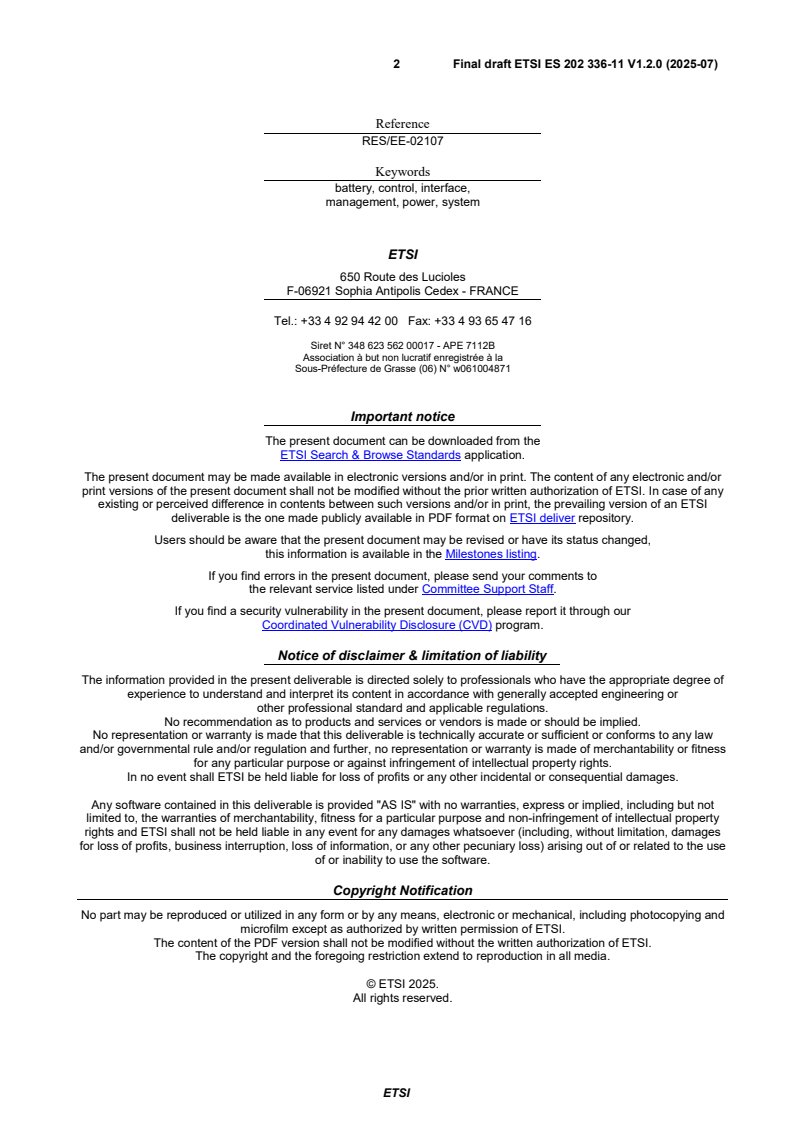 ETSI ES 202 336-11 V1.2.0 (2025-07) - Environmental Engineering (EE); Monitoring and control interface for infrastructure equipment (Power, Cooling and environment systems used in telecommunication networks); Part 11: Battery system with integrated control and monitoring information model