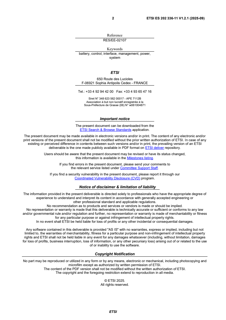 ETSI ES 202 336-11 V1.2.1 (2025-09) - Environmental Engineering (EE); Monitoring and control interface for infrastructure equipment (Power, Cooling and environment systems used in telecommunication networks); Part 11: Battery system with integrated control and monitoring information model