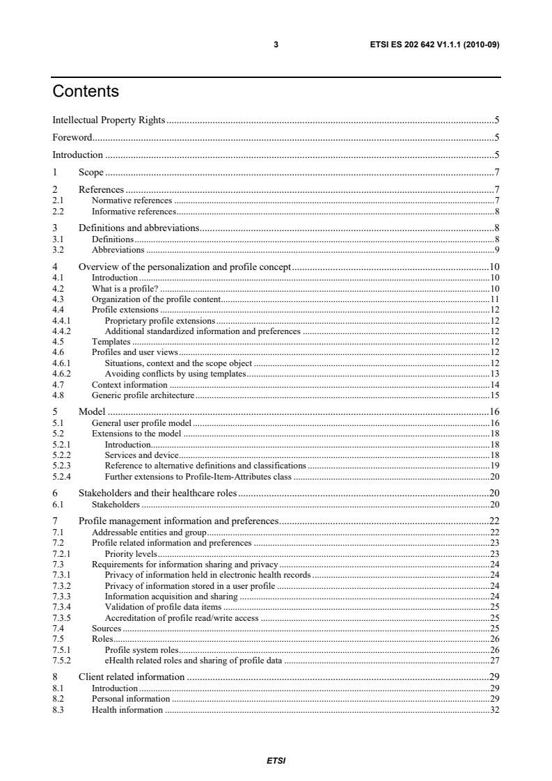 SIST ES 202 642 V1.1.1:2011 ETSI ES 202 642 V1.1.1 (2010-09) - Human Factors (HF); Personalization of eHealth systems by using eHealth user profiles (eHealth) - Page 3 preview