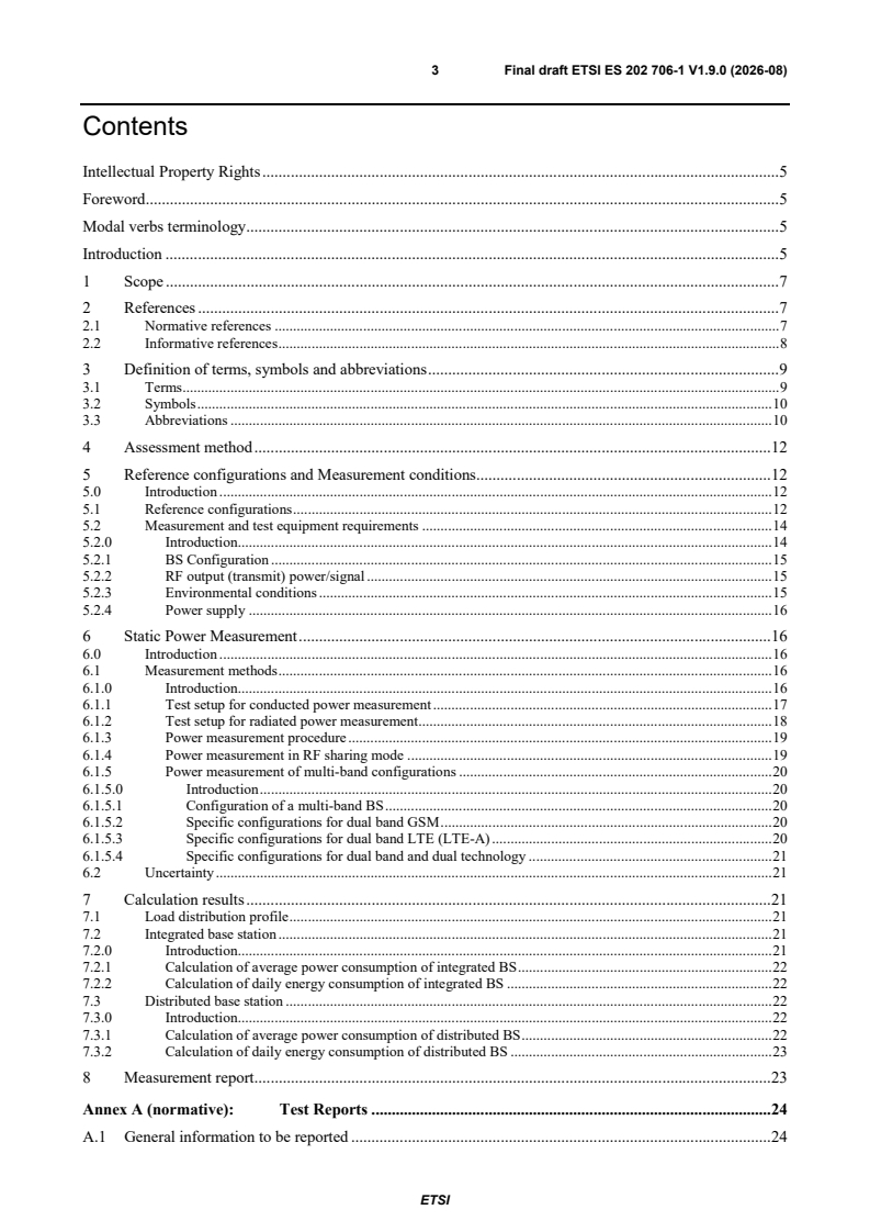 kSIST FprES 202 706-1 V1.9.0:2026 ETSI ES 202 706-1 V1.9.0 (2026-08) - Environmental Engineering (EE); Metrics and measurement method for energy efficiency of wireless access network equipment; Part 1: Power consumption - static measurement method - Page 3 preview