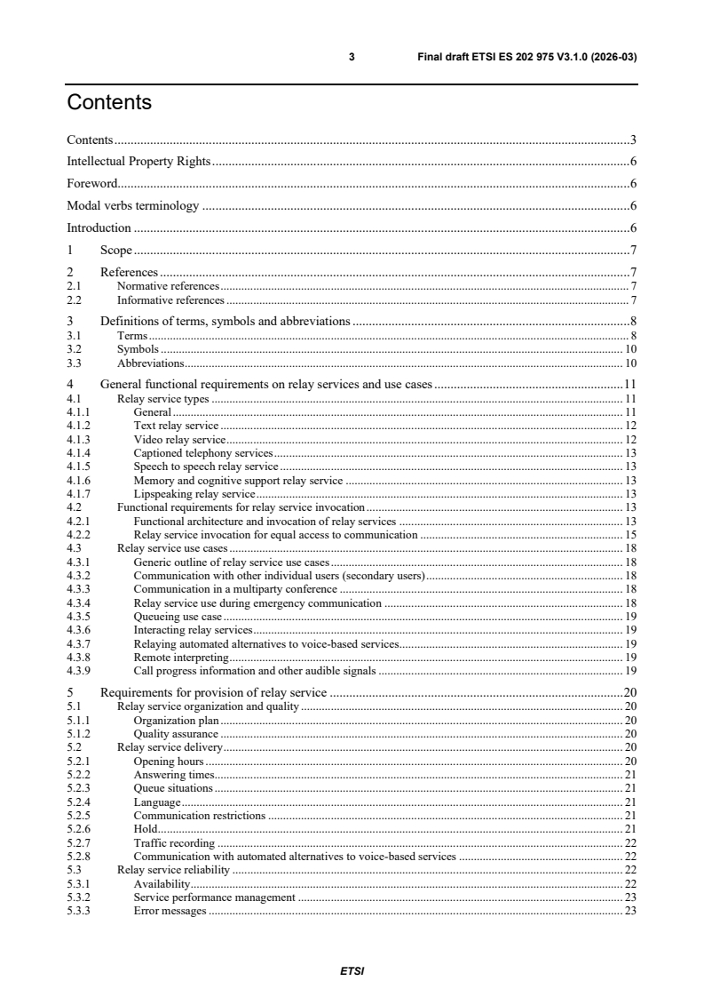 SIST ES 202 975 V3.1.1:2026 ETSI ES 202 975 V3.1.0 (2026-03) - Human Factors (HF); Requirements for relay services - Page 3 preview