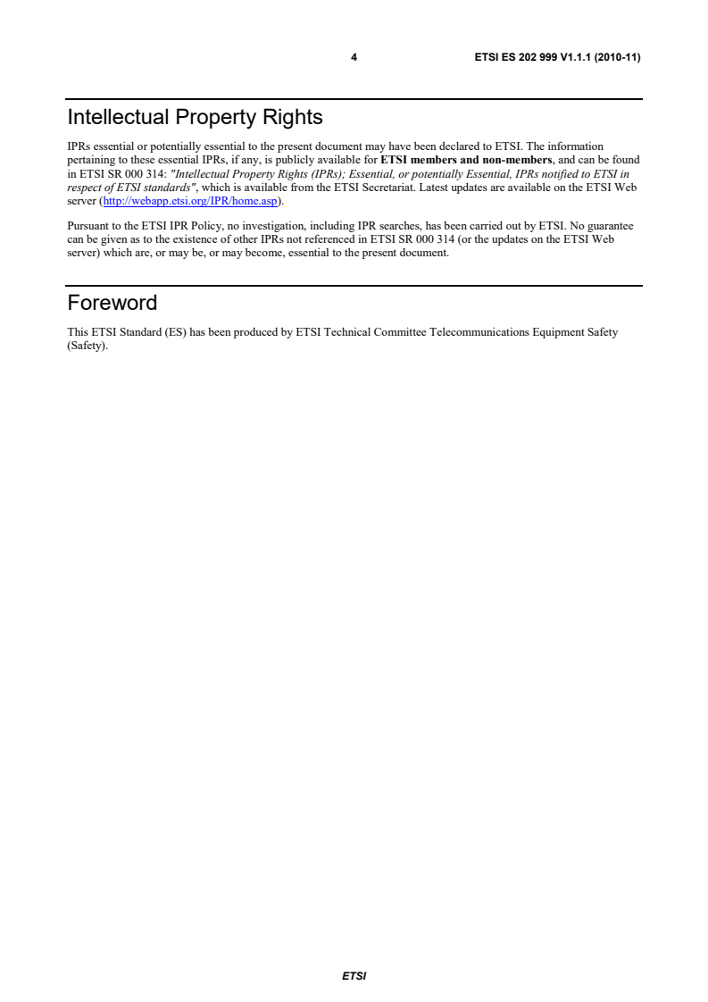 SIST ES 202 999 V1.1.1:2012 es_202999v010101p - SAFETY; Remote Power Feeding Installations; Safety requirements for the erection and operation of information technology installations with remote power feeding - Page 4 preview