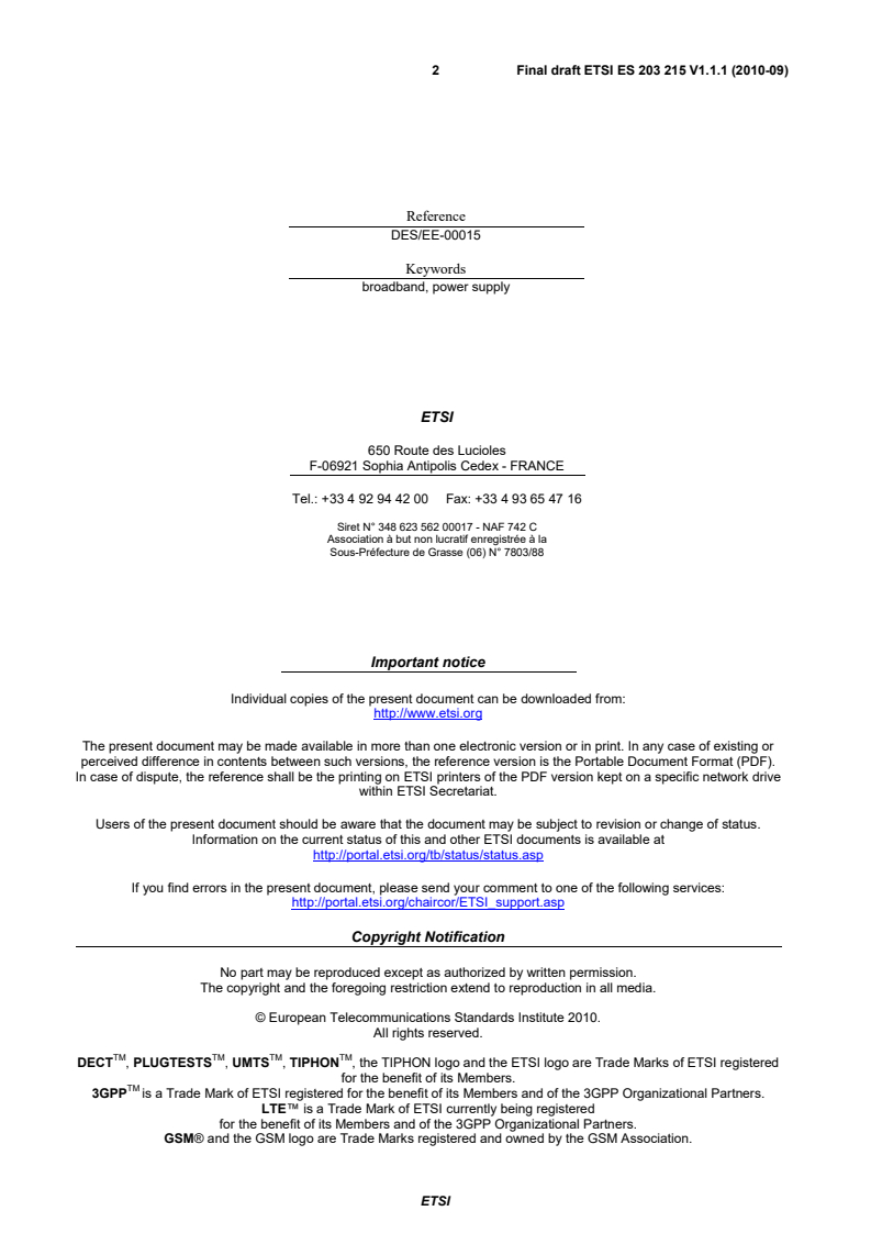 ETSI ES 203 215 V1.1.1 (2010-09) - Environmental Engineering (EE); Measurement Methods and Limits for Power Consumption in Broadband Telecommunication Networks Equipment