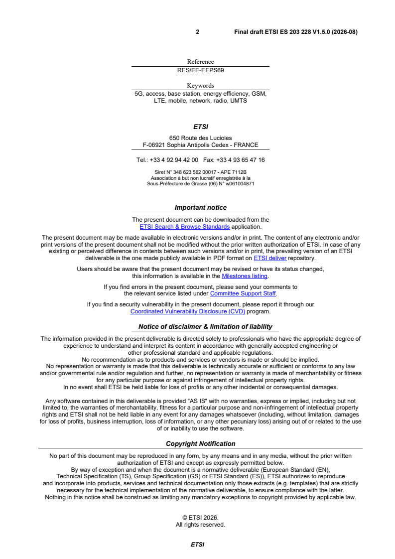 kSIST FprES 203 228 V1.5.0:2026 ETSI ES 203 228 V1.5.0 (2026-08) - Environmental Engineering (EE); Assessment of mobile network energy efficiency - Page 2 preview