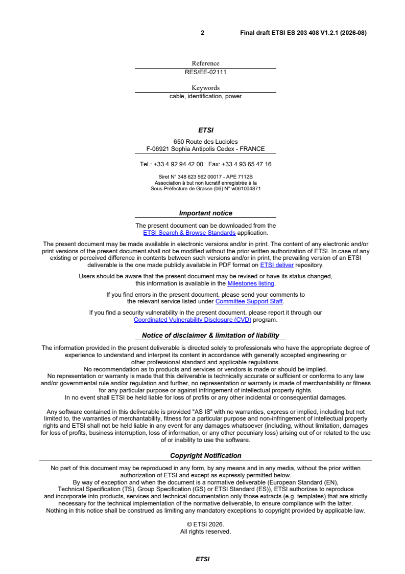 kSIST FprES 203 408 V1.2.1:2026 ETSI ES 203 408 V1.2.1 (2026-08) - Environmental Engineering (EE); Colour and marking of DC cable and connecting devices - Page 2 preview