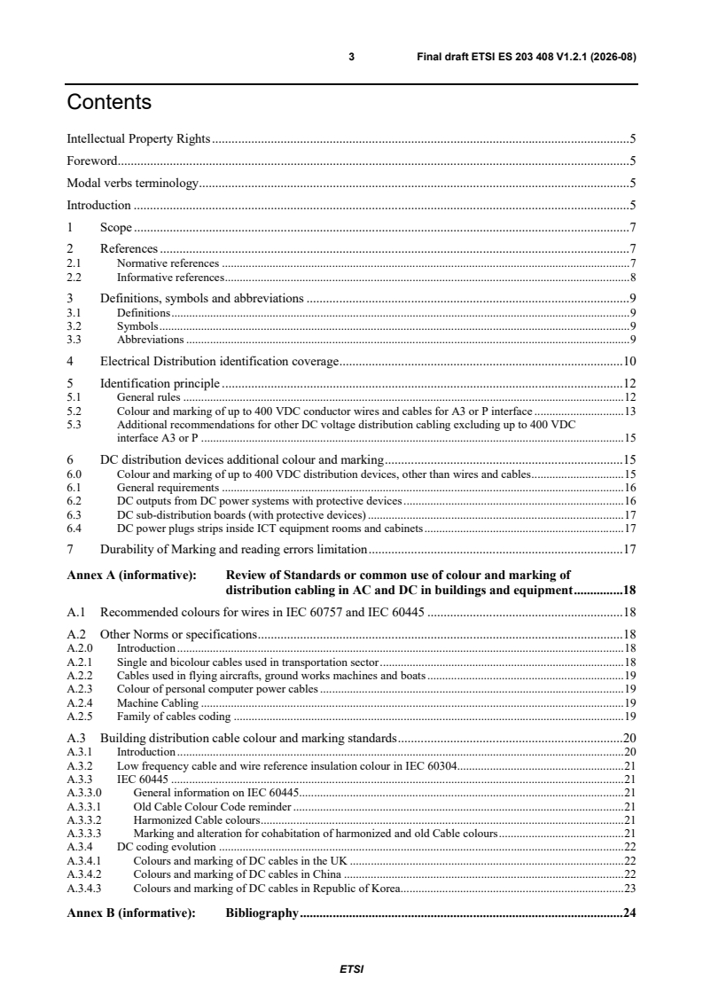 kSIST FprES 203 408 V1.2.1:2026 ETSI ES 203 408 V1.2.1 (2026-08) - Environmental Engineering (EE); Colour and marking of DC cable and connecting devices - Page 3 preview