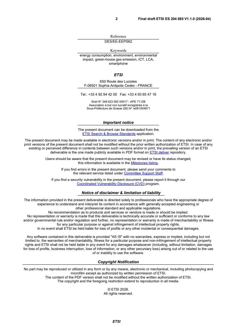 SIST ES 204 085 V1.1.1:2026 ETSI ES 204 085 V1.1.0 (2026-04) - Environmental Engineering (EE); Guidance on simplified Life Cycle Assessments (LCA) of Information and Communication Technologies (ICT) - Page 2 preview