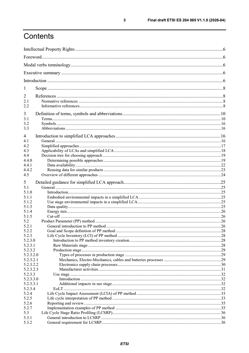 SIST ES 204 085 V1.1.1:2026 ETSI ES 204 085 V1.1.0 (2026-04) - Environmental Engineering (EE); Guidance on simplified Life Cycle Assessments (LCA) of Information and Communication Technologies (ICT) - Page 3 preview