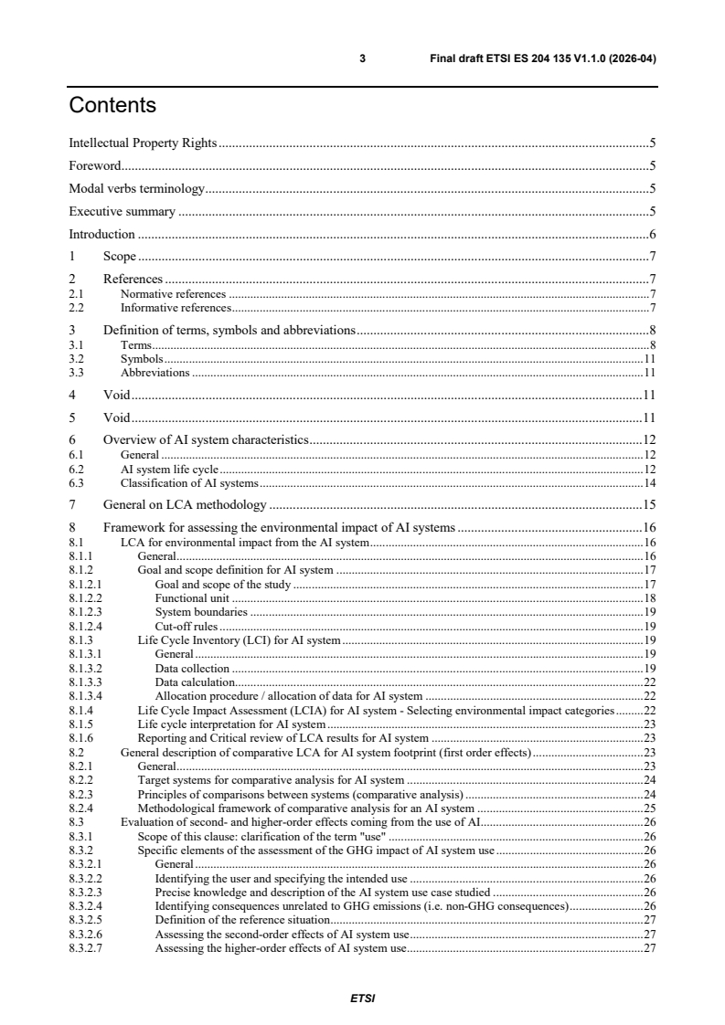 ETSI ES 204 135 V1.1.0 (2026-04) ETSI ES 204 135 V1.1.0 (2026-04) - Environmental Engineering (EE); Guidelines for Assessing the Environmental Impact of Artificial Intelligence systems - Page 3 preview