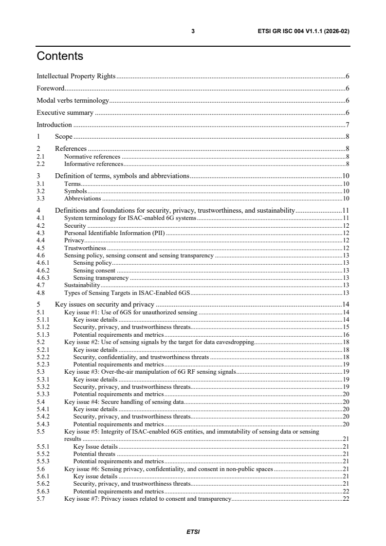 ETSI GR ISC 004 V1.1.1 (2026-02) ETSI GR ISC 004 V1.1.1 (2026-02) - Integrated Sensing And Communications (ISAC); Security, Privacy, Trustworthiness and Sustainability - Page 3 preview