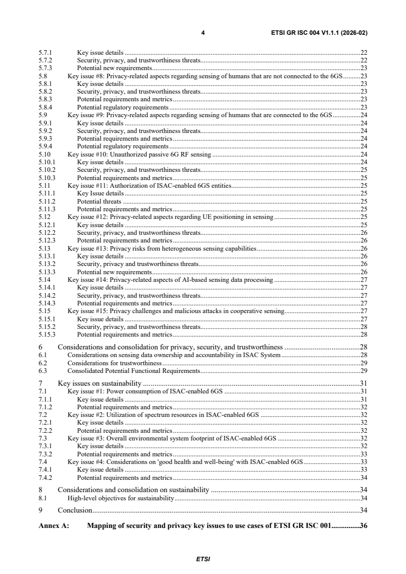 ETSI GR ISC 004 V1.1.1 (2026-02) ETSI GR ISC 004 V1.1.1 (2026-02) - Integrated Sensing And Communications (ISAC); Security, Privacy, Trustworthiness and Sustainability - Page 4 preview