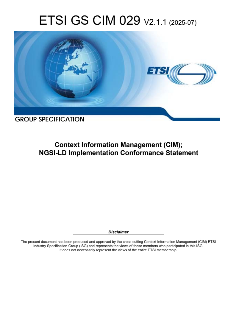ETSI GS CIM 029 V2.1.1 (2025-07) - Context Information Management (CIM); NGSI-LD Implementation Conformance Statement