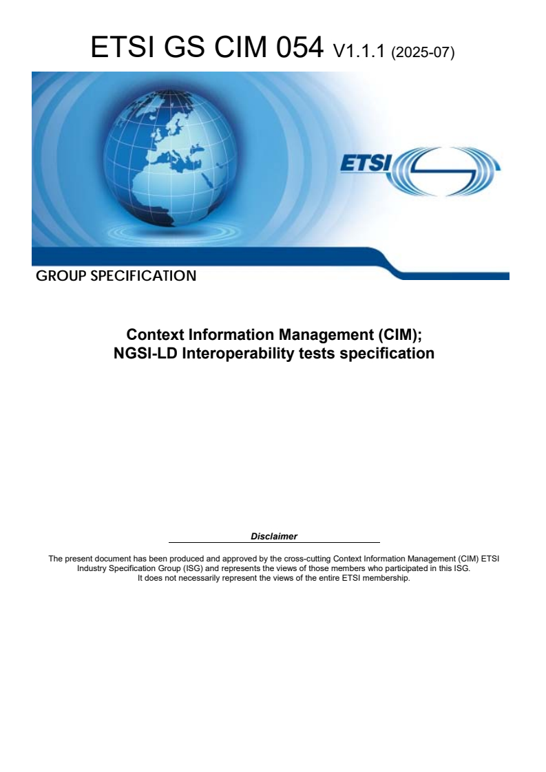 ETSI GS CIM 054 V1.1.1 (2025-07) - Context Information Management (CIM); NGSI-LD Interoperability tests specification