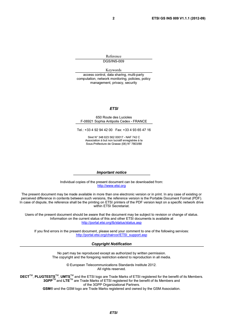 ETSI GS INS 009 V1.1.1 (2012-09) - Identity and access management for Networks and Services (INS); Security and privacy requirements for collaborative cross domain network monitoring
