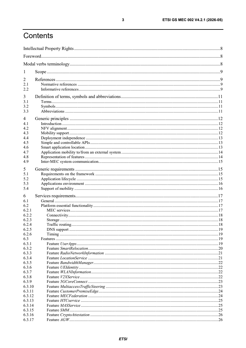 ETSI GS MEC 002 V4.2.1 (2026-05) ETSI GS MEC 002 V4.2.1 (2026-05) - Multi-access Edge Computing (MEC); Use Cases and Requirements - Page 3 preview