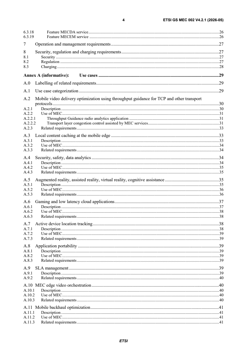 ETSI GS MEC 002 V4.2.1 (2026-05) ETSI GS MEC 002 V4.2.1 (2026-05) - Multi-access Edge Computing (MEC); Use Cases and Requirements - Page 4 preview