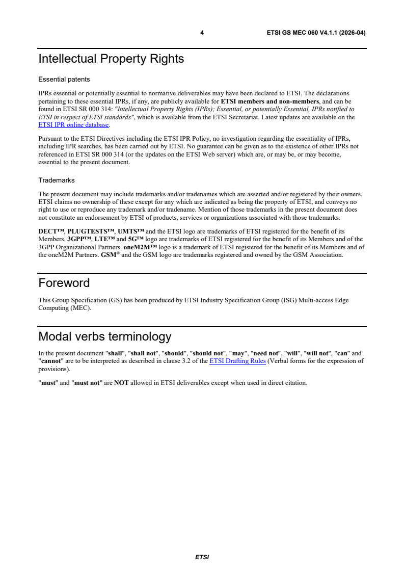 ETSI GS MEC 060 V4.1.1 (2026-04) ETSI GS MEC 060 V4.1.1 (2026-04) - Multi-access Edge Computing (MEC); API Gateway for Client Applications - Page 4 preview